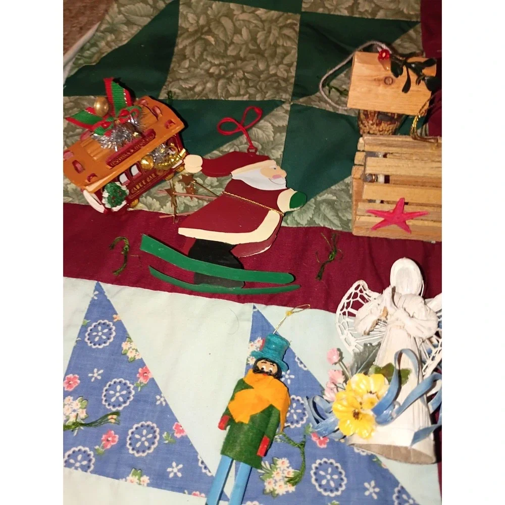Lot Of 37 Vintage Christmas Ornaments Santa, Needlepoint, Wooden, Ceramic Mixed